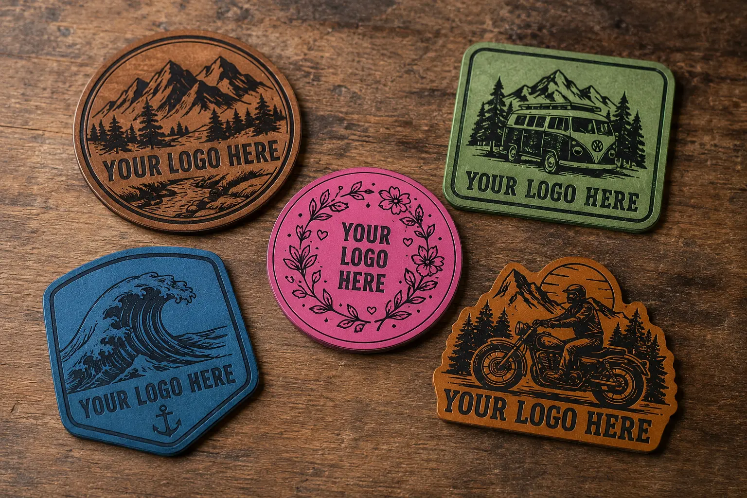 Custom leather stickers in multiple colors with Your Logo Here templates