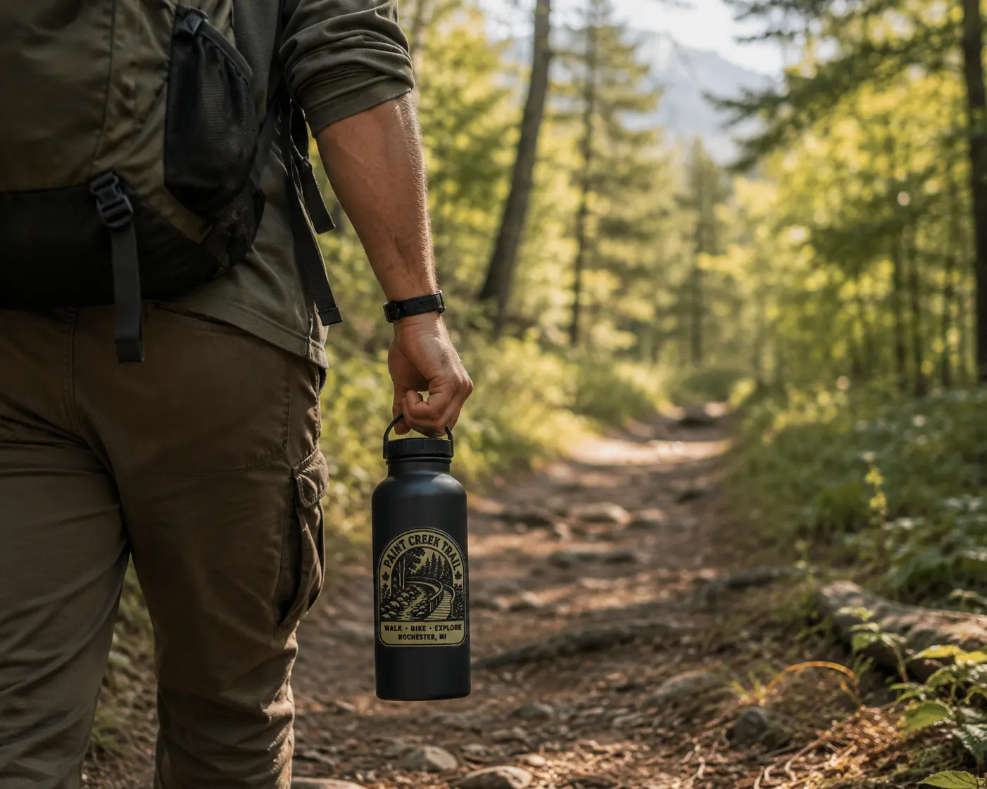 Hiker on trail with custom laser-engraved leather sticker on water bottle