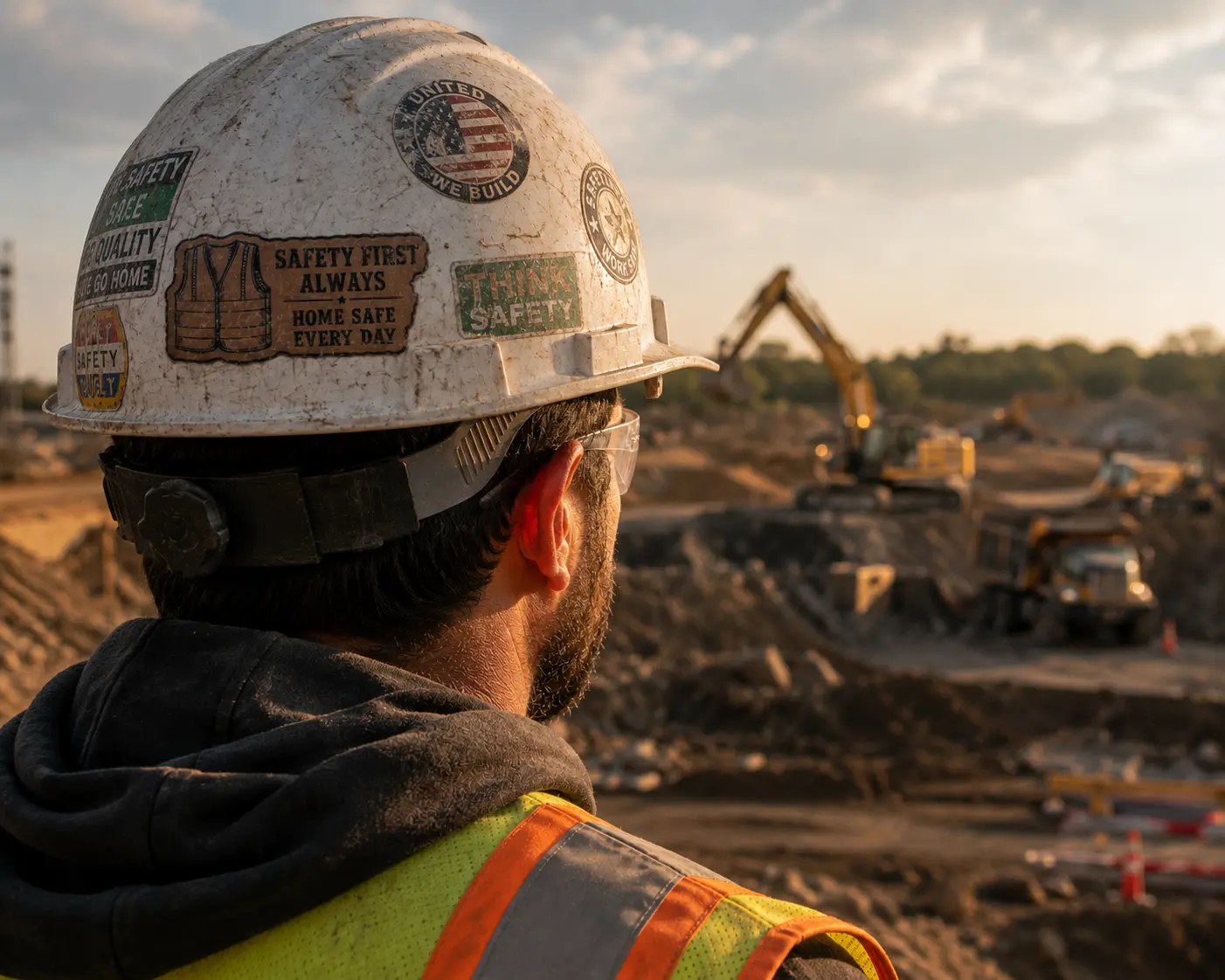 Construction worker hard hat covered in leather stickers on job site