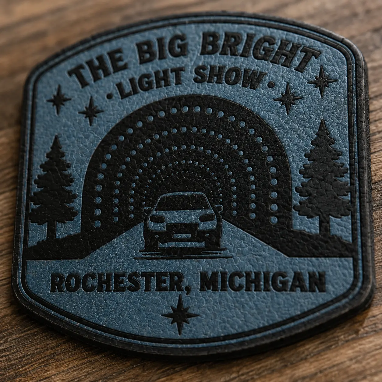 Big Bright Light Show dark blue leather sticker close-up