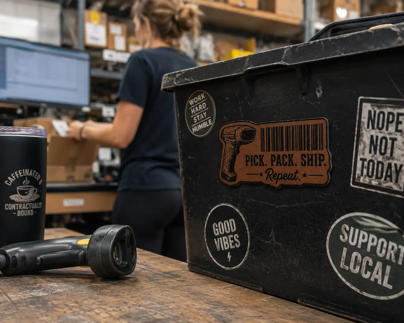 Warehouse worker with Pick Pack Ship leather sticker on bin