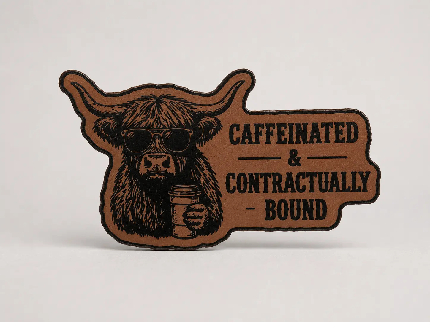 Caffeinated and Contractually Bound highland cow leather sticker