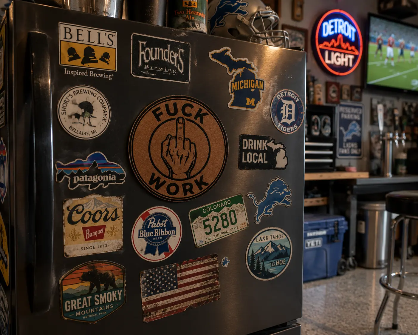 Garage man cave fridge covered in custom leather stickers