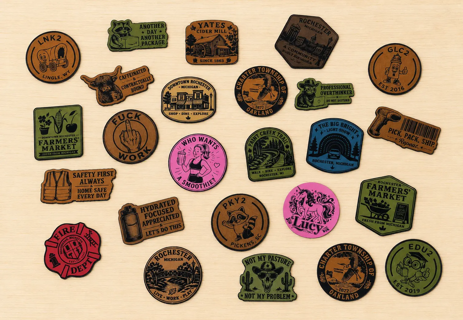 Full range of custom laser-engraved leather stickers in multiple colors and designs